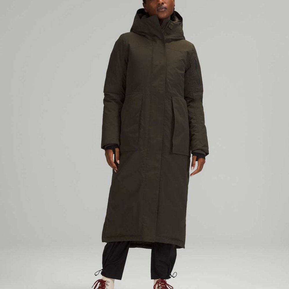 Lululemon Athletica Winter Warrior Long Parka Jacket in Dark Olive